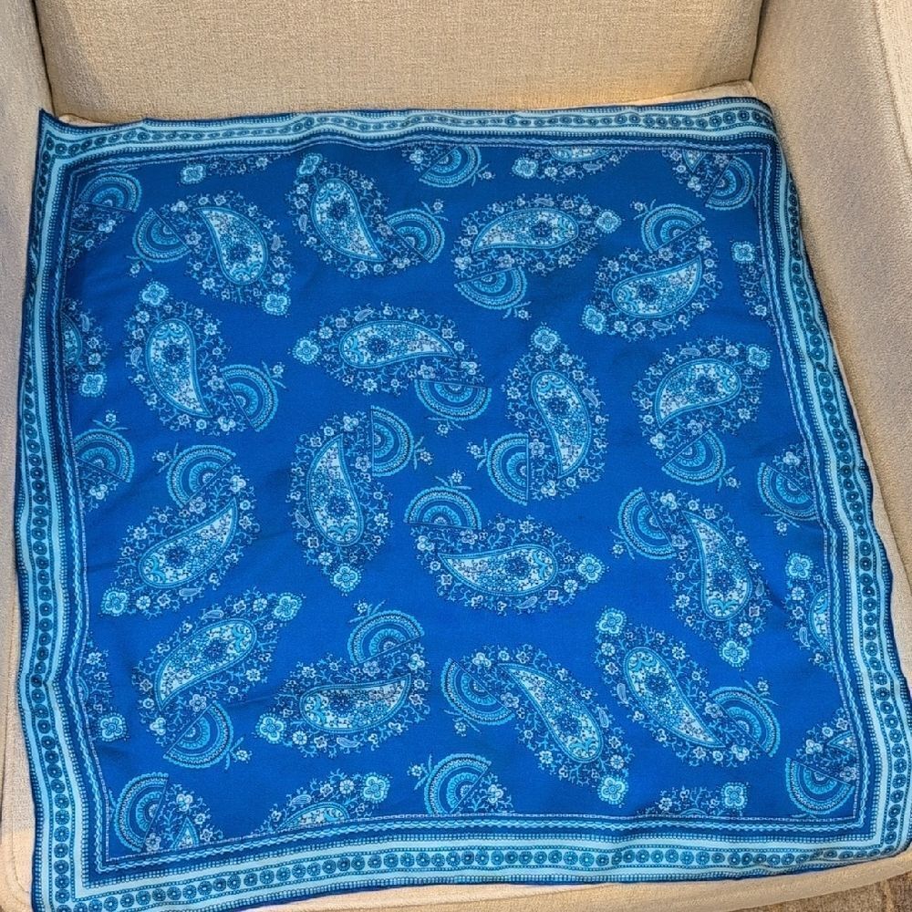 Vintage Sally Gee Blue Paisley Square Scarf Silk Blend with Rolled Edges